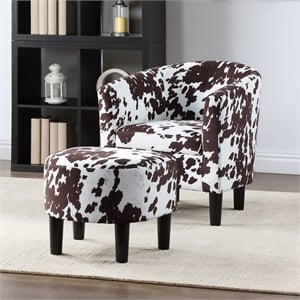 Take a Seat Churchill Accent Chair w/Ottoman in White and Brown Cowhide Fabric