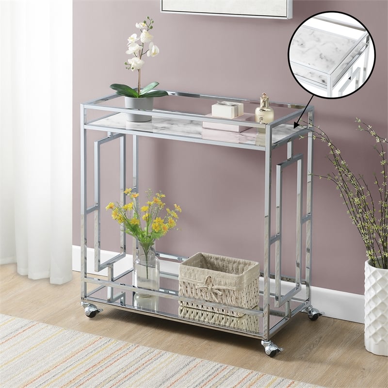 Town Square Chrome Metal Faux Marble Mirrored Bar Cart with Shelf