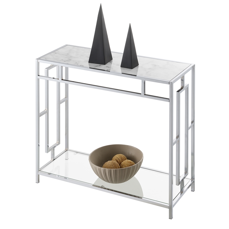 Town Square Chrome Metal Faux Marble Glass Hall Table with Shelf