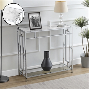 Town Square Chrome Metal Faux Marble Glass Hall Table with Shelf