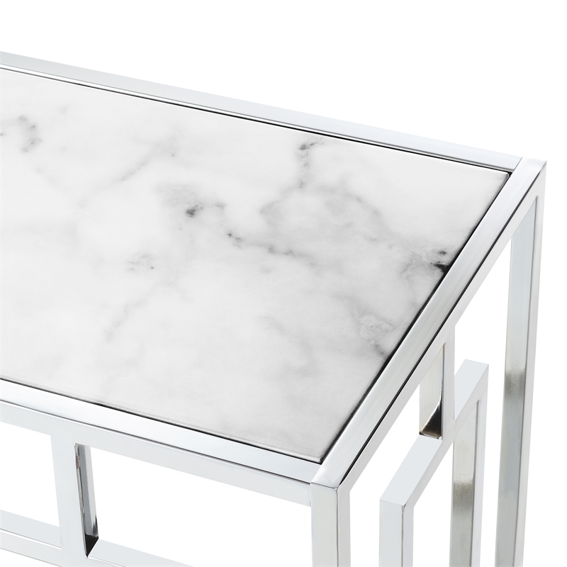 Town Square Chrome Metal Faux Marble Glass Hall Table with Shelf