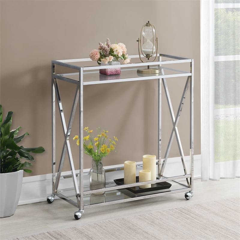 Convenience Concepts Oxford Chrome Metal Glass Bar Cart with Shelf