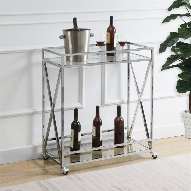 Convenience Concepts Oxford Chrome Metal Glass Bar Cart with Shelf
