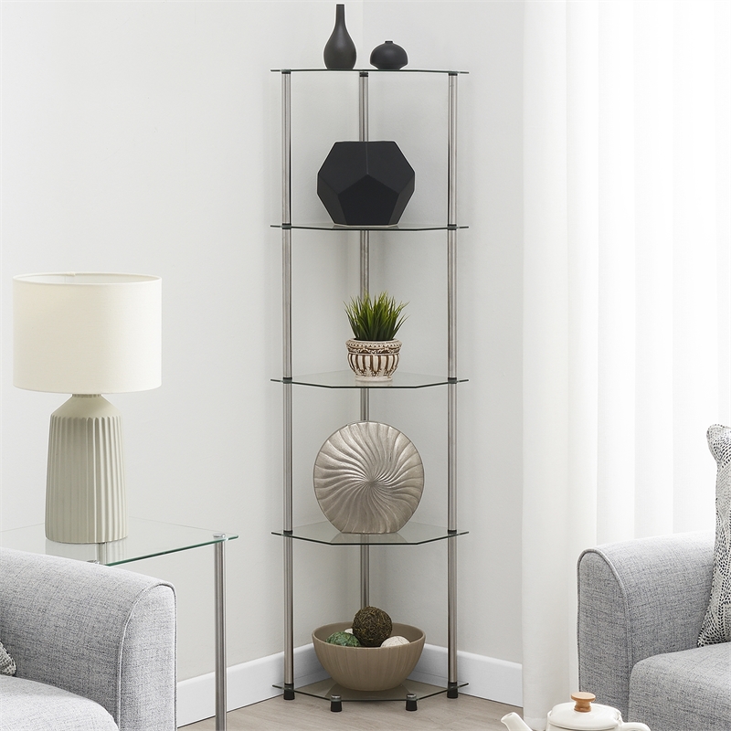 Designs2Go Classic Clear Glass Five-Tier Corner Tower with Stainless Steel Legs