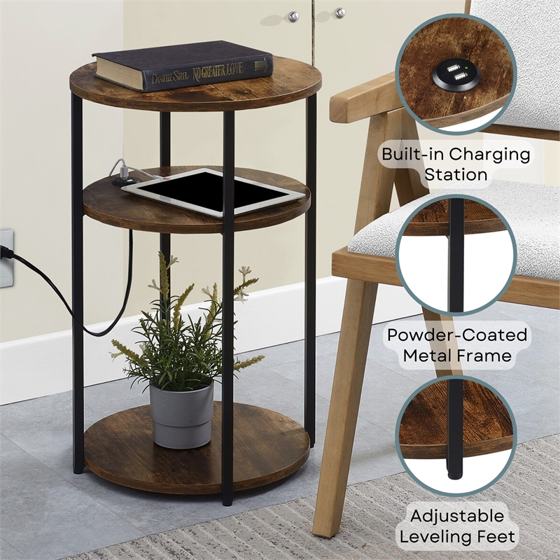 Designs2Go Simon Three-Tier End Table with USB Ports in Nutmeg Wood Finish