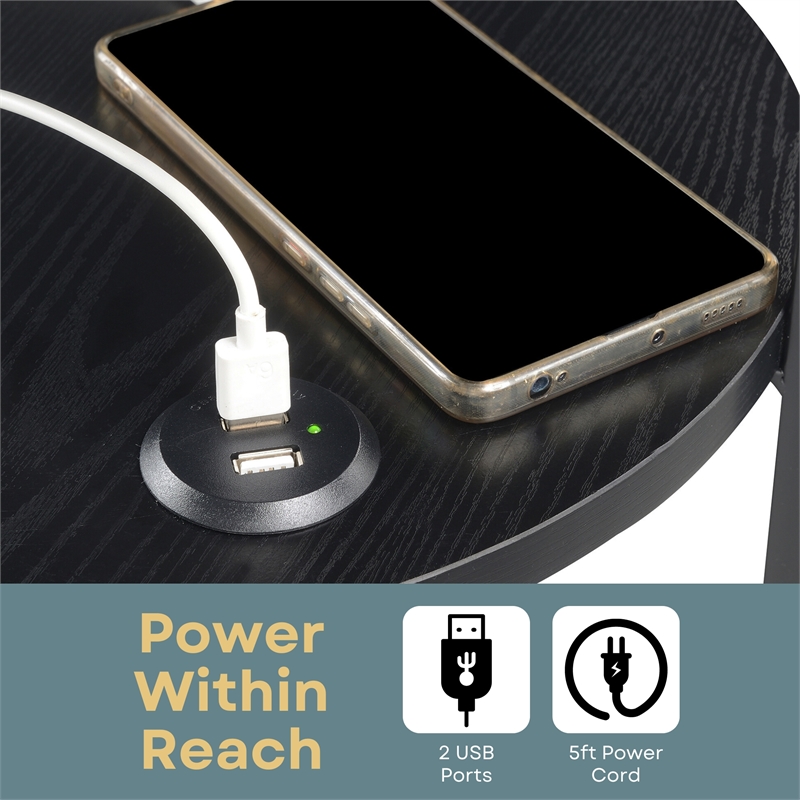 Designs2Go Simon Three-Tier End Table with USB Ports in Black Wood Finish