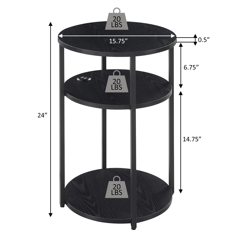 Designs2Go Simon Three-Tier End Table with USB Ports in Black Wood Finish