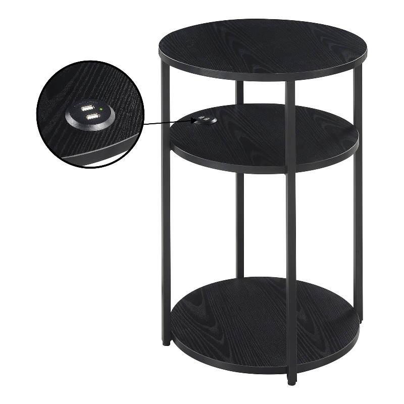 Designs2Go Simon Three-Tier End Table with USB Ports in Black Wood Finish