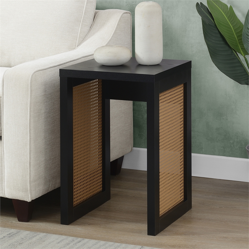 Northfield Weave End Table in Black Wood Finish with Beige Sides