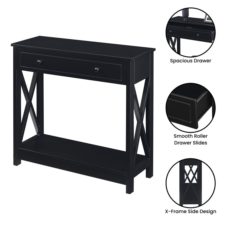 Oxford One-Drawer Entryway Hall Table with Shelf in Black Wood Finish