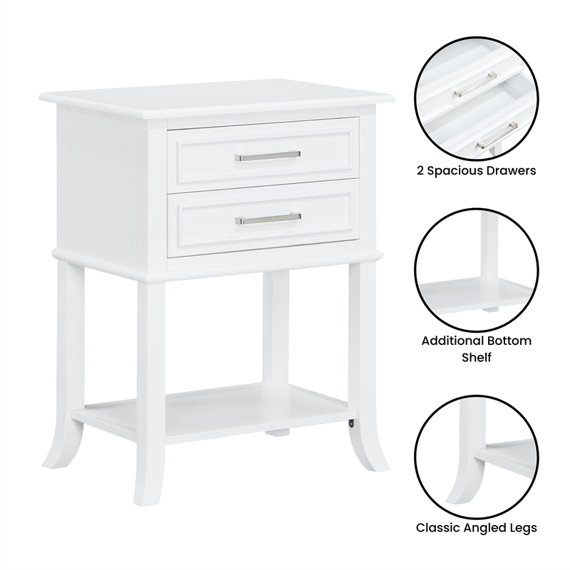 Convenience Concepts Sydney Two-Drawer End Table with Shelf in White Wood Finish