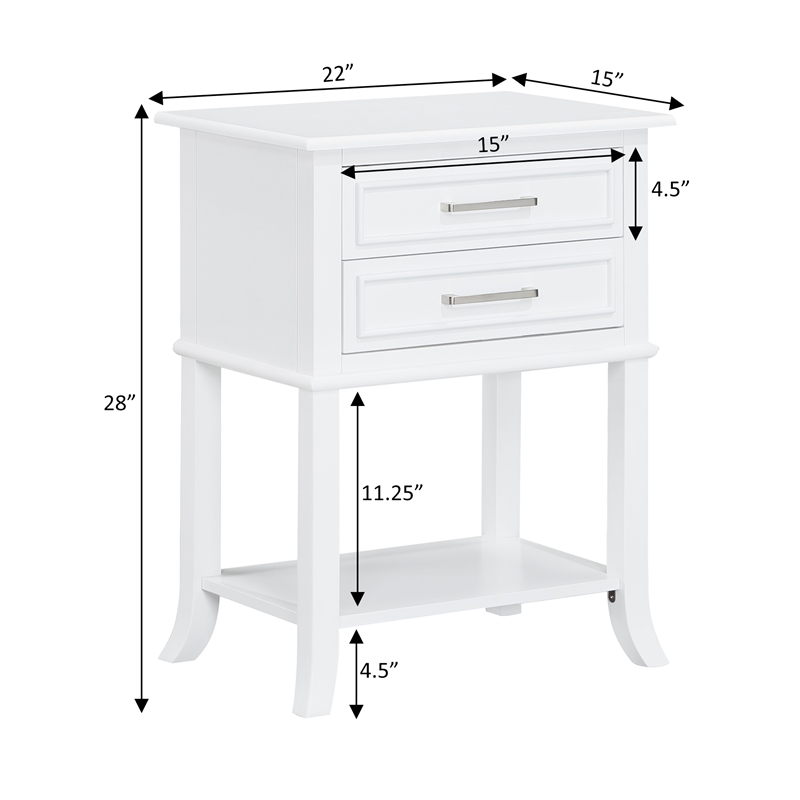 Convenience Concepts Sydney Two-Drawer End Table with Shelf in White Wood Finish