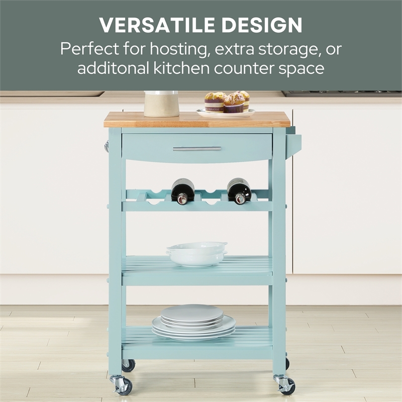 Ellaine Four-Tier Butcher Block Kitchen Cart w/Drawer and Wine Rack in Blue Wood