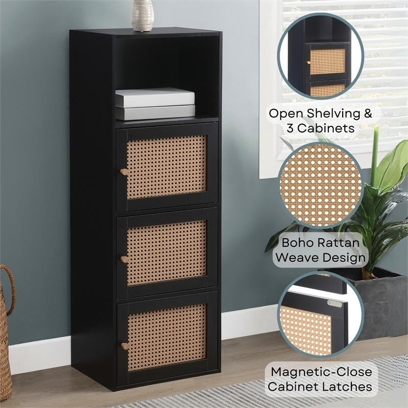 Xtra Storage Boho Weave Three-Door Cabinet with Shelf in Black Wood Finish