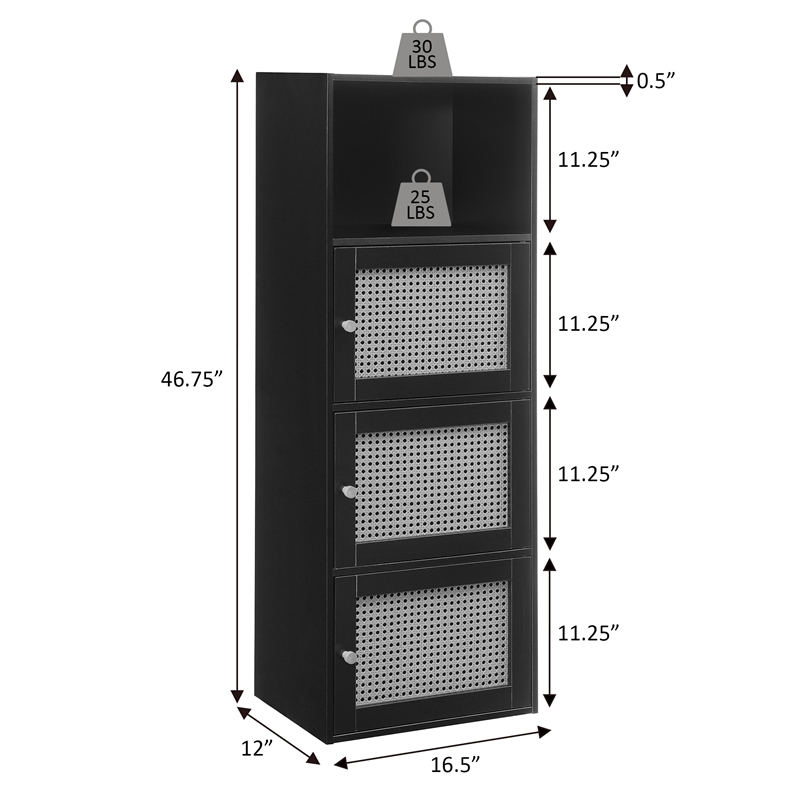Xtra Storage Boho Weave Three-Door Cabinet with Shelf in Black Wood Finish