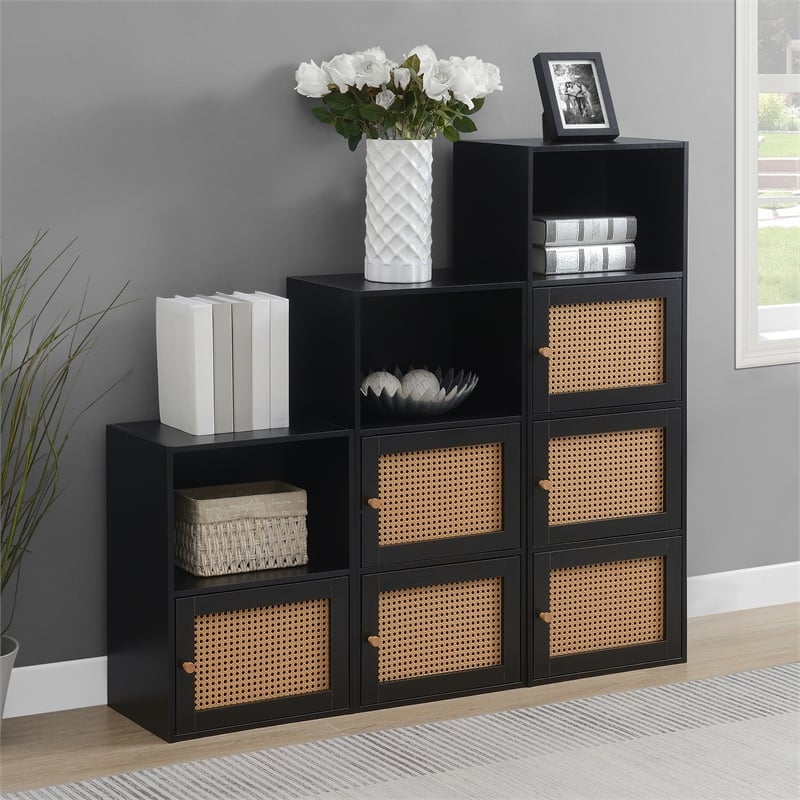 Xtra Storage Boho Weave Three-Door Cabinet with Shelf in Black Wood Finish