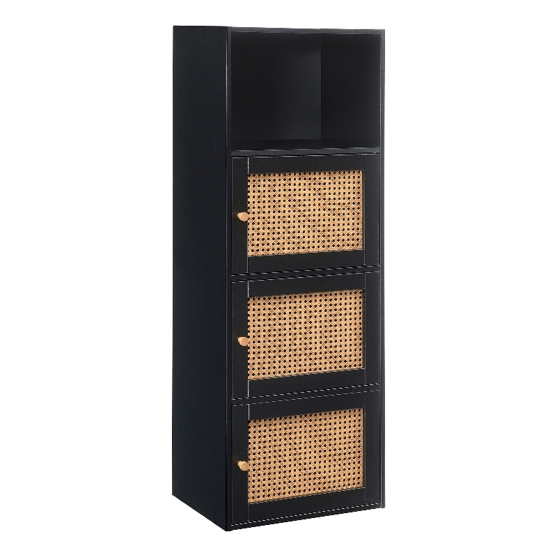 Xtra Storage Boho Weave Three-Door Cabinet with Shelf in Black Wood Finish