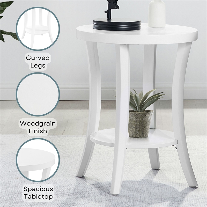 Convenience Concepts Charleston Round End Table with Shelf in White Wood Finish