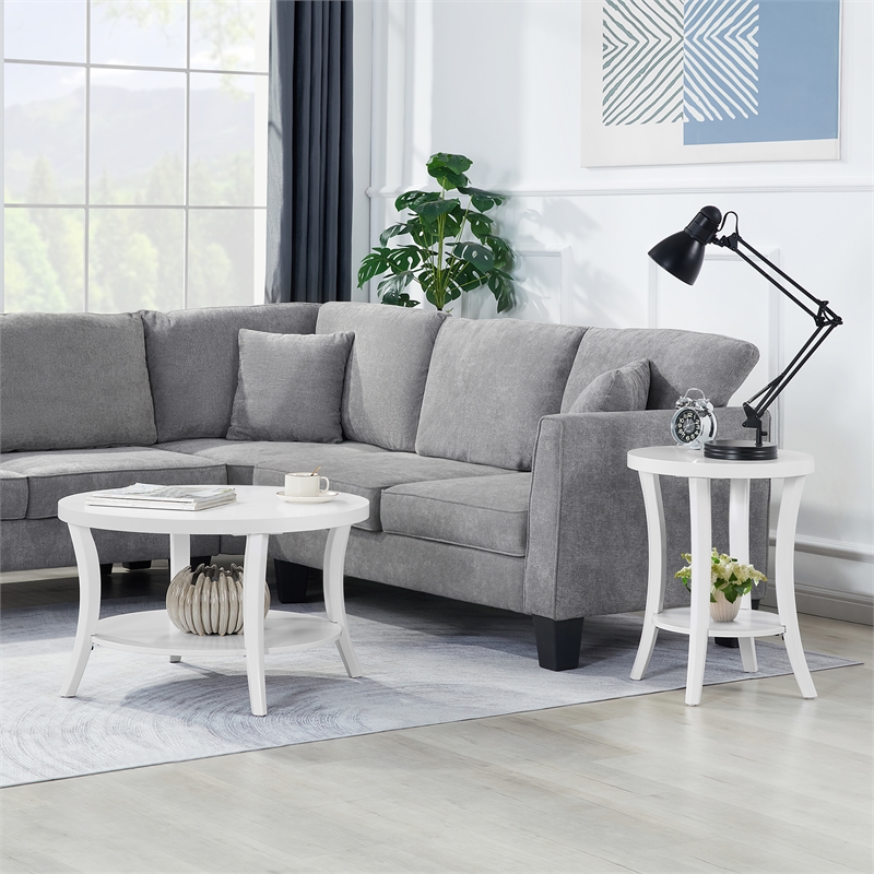 Convenience Concepts Charleston Round End Table with Shelf in White Wood Finish