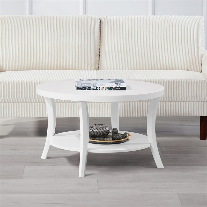 Convenience Concepts Charleston Round Coffee Table with Shelf in White Wood