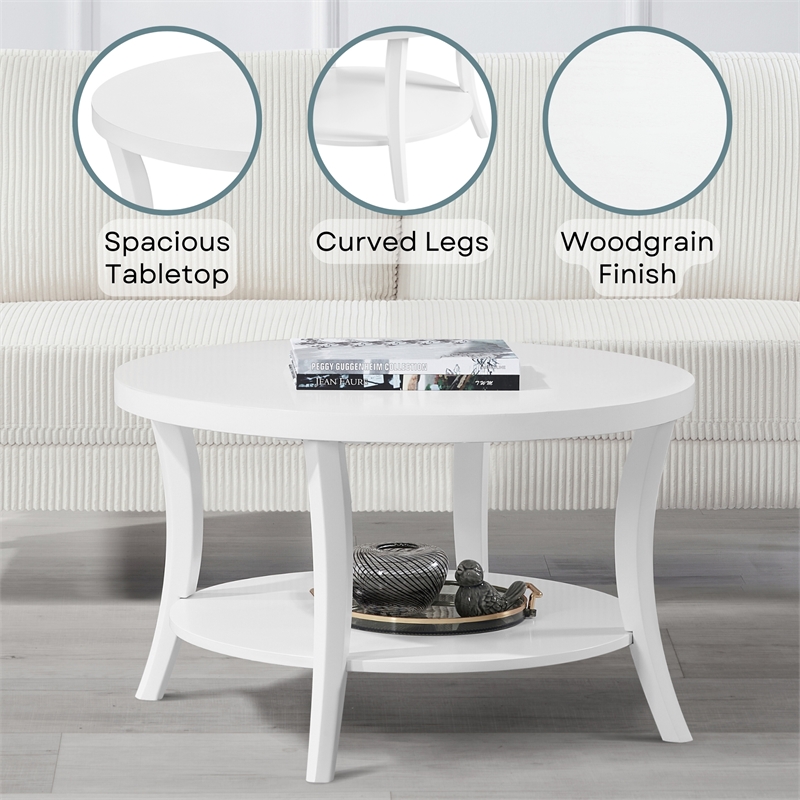 Convenience Concepts Charleston Round Coffee Table with Shelf in White Wood