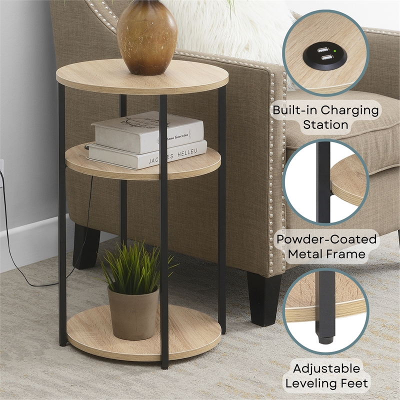 Designs2Go Simon Three-Tier End Table with USB Ports in White Wood Finish
