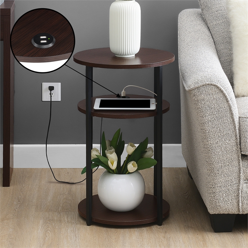 Designs2Go Simon Three-Tier End Table with USB Ports in Espresso Wood Finish