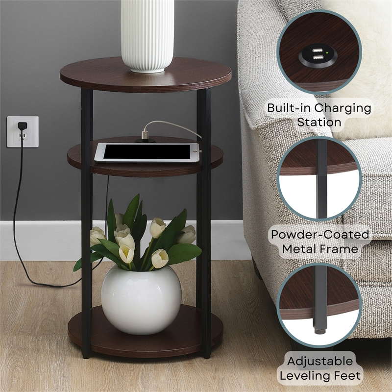 Designs2Go Simon Three-Tier End Table with USB Ports in Espresso Wood Finish
