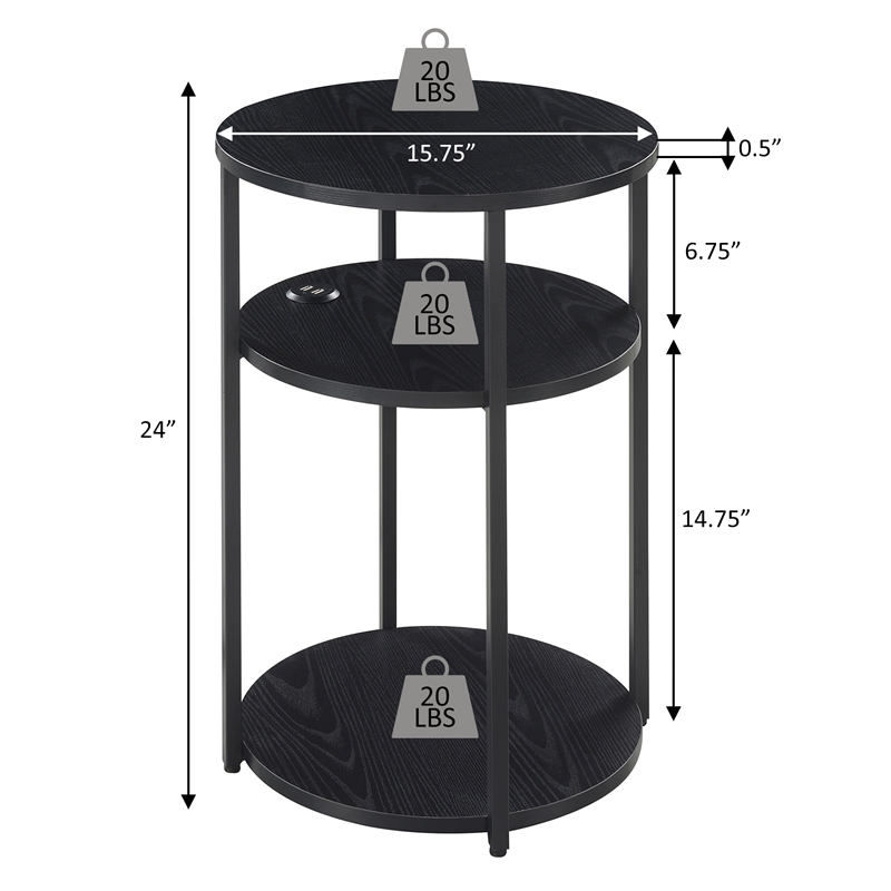 Designs2Go Simon Three-Tier End Table with USB Ports in Espresso Wood Finish