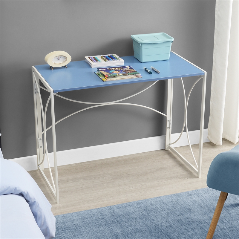 Convenience Concepts Folding Desk in Blue Wood Finish and White Metal Frame