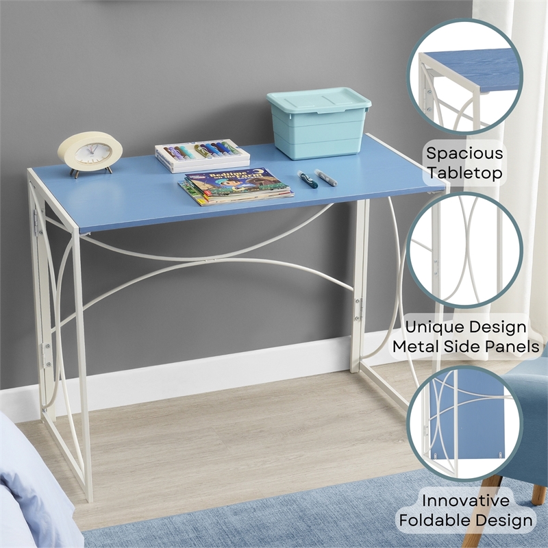 Convenience Concepts Folding Desk in Blue Wood Finish and White Metal Frame