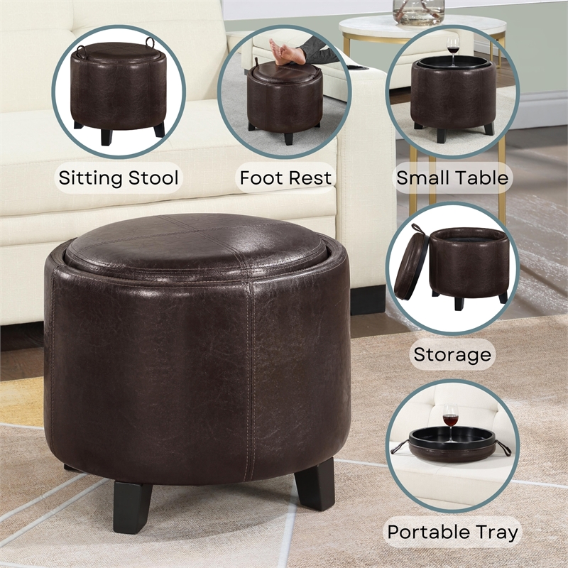 Designs4Comfort Oscar Storage Ottoman w/Reversible Tray in Espresso Faux Leather