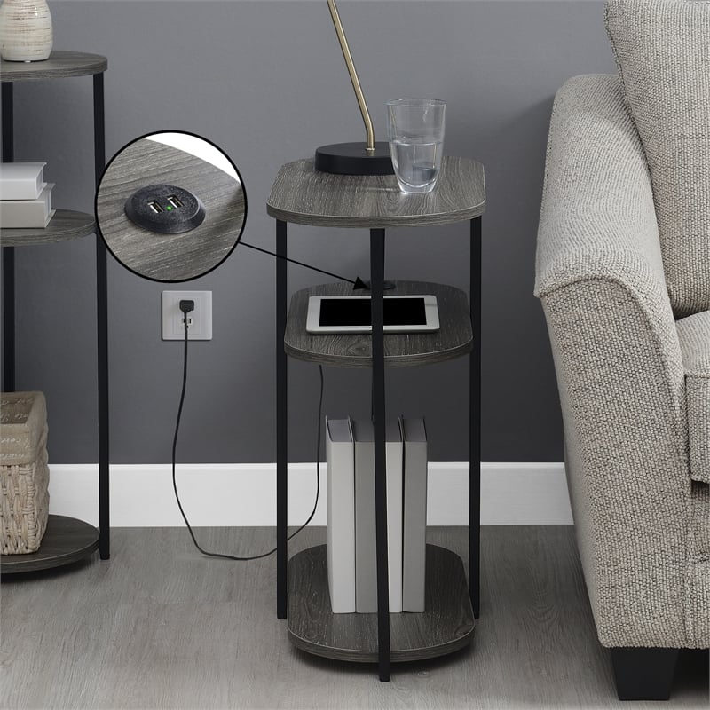 Designs2Go Simon Three-Tier Oval Chairside End Table with USB Ports in Gray Wood