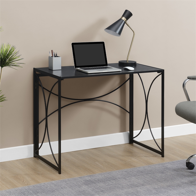 Convenience Concepts Folding Desk in Black Wood Finish with Black Metal Frame