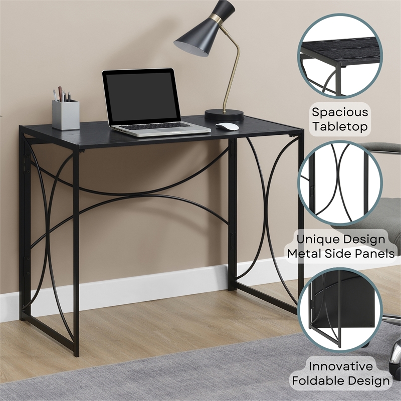 Convenience Concepts Folding Desk in Black Wood Finish with Black Metal Frame