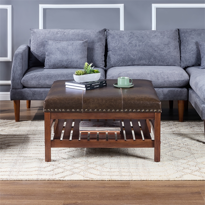 Designs4Comfort Silverton Coffee Table Ottoman w/Shelf in Brown Faux Leather