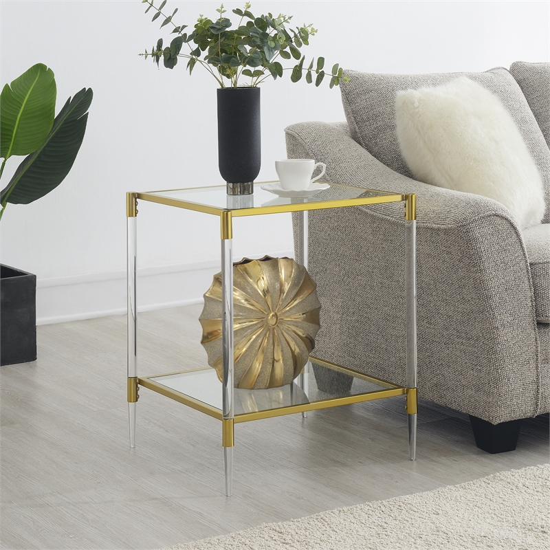 Royal Crest Two-Tier Acrylic Clear Glass Square End Table in Gold Chrome Finish