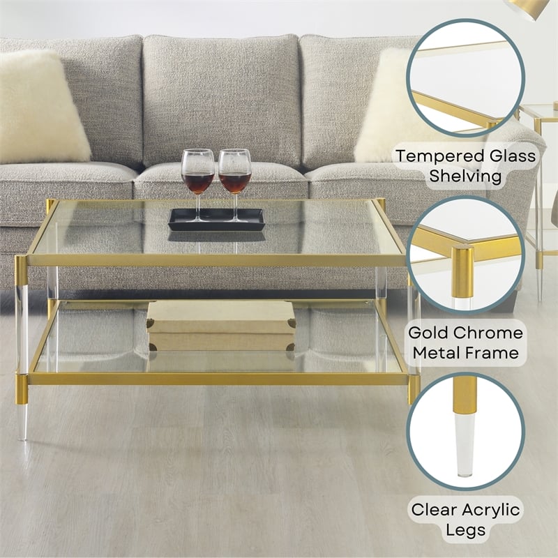 Royal Crest Two-Tier Acrylic Clear Glass Square Coffee Table in Gold Chrome