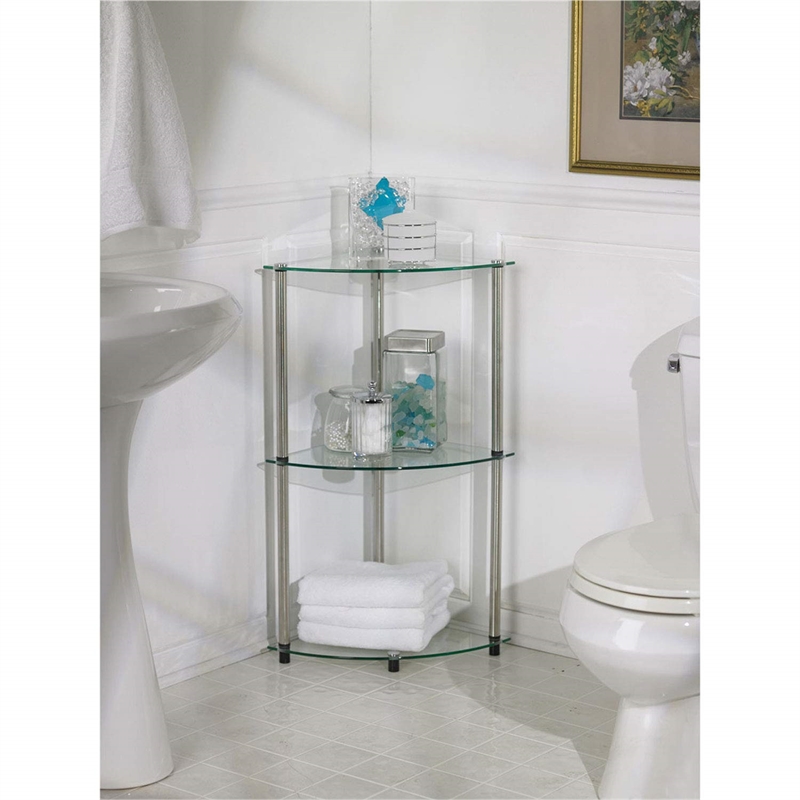 Convenience Concepts Classic Three-Tier Corner Shelf in Clear Glass