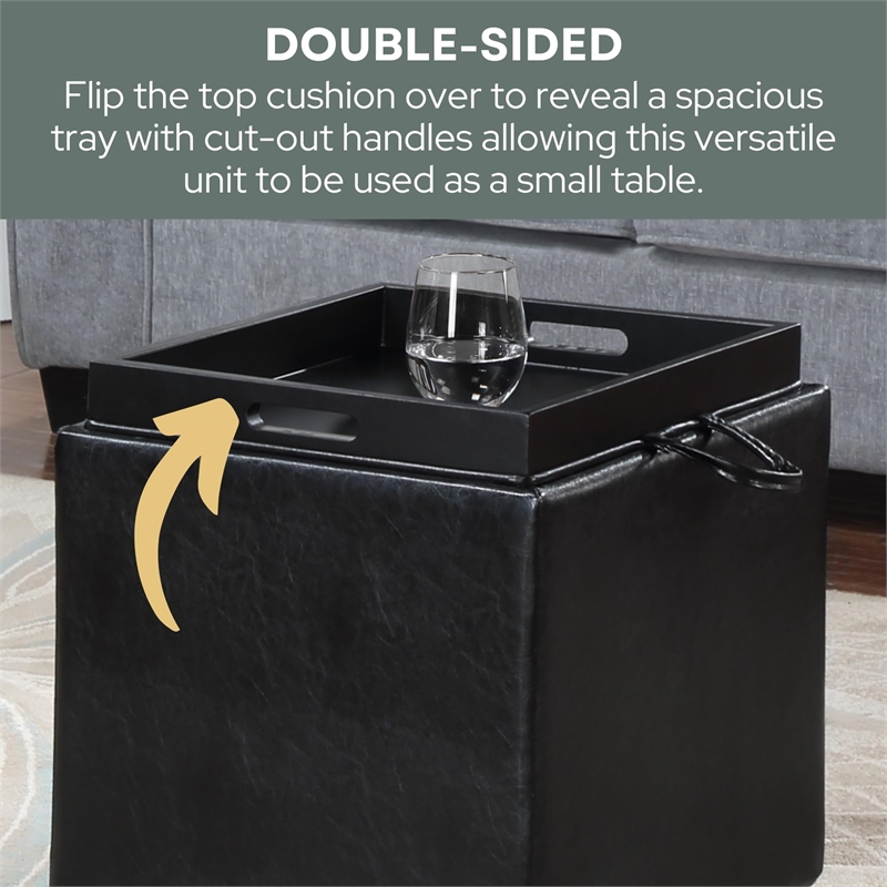 Convenience Concepts Park Avenue Faux Leather Cube Ottoman with Stool in Black
