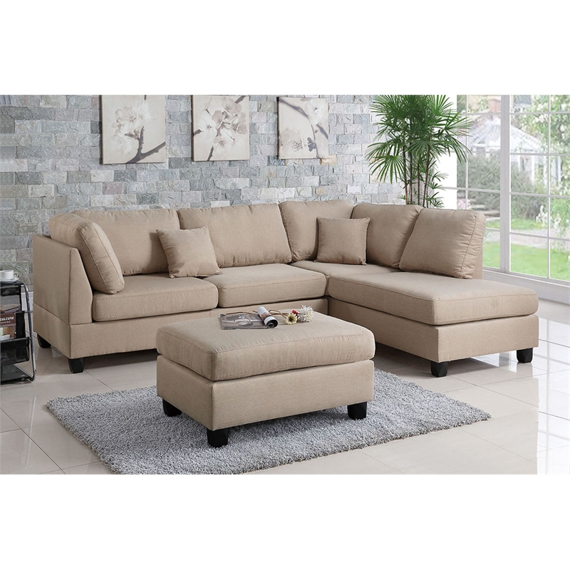 Poundex 3 Piece Fabric Sectional Sofa Set with Ottoman in Sand Brown