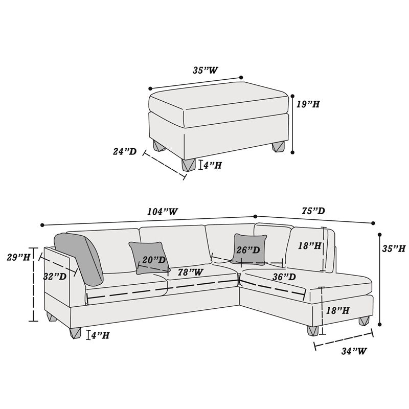 Poundex 3 Piece Fabric Sectional Sofa Set with Ottoman in Sand Brown