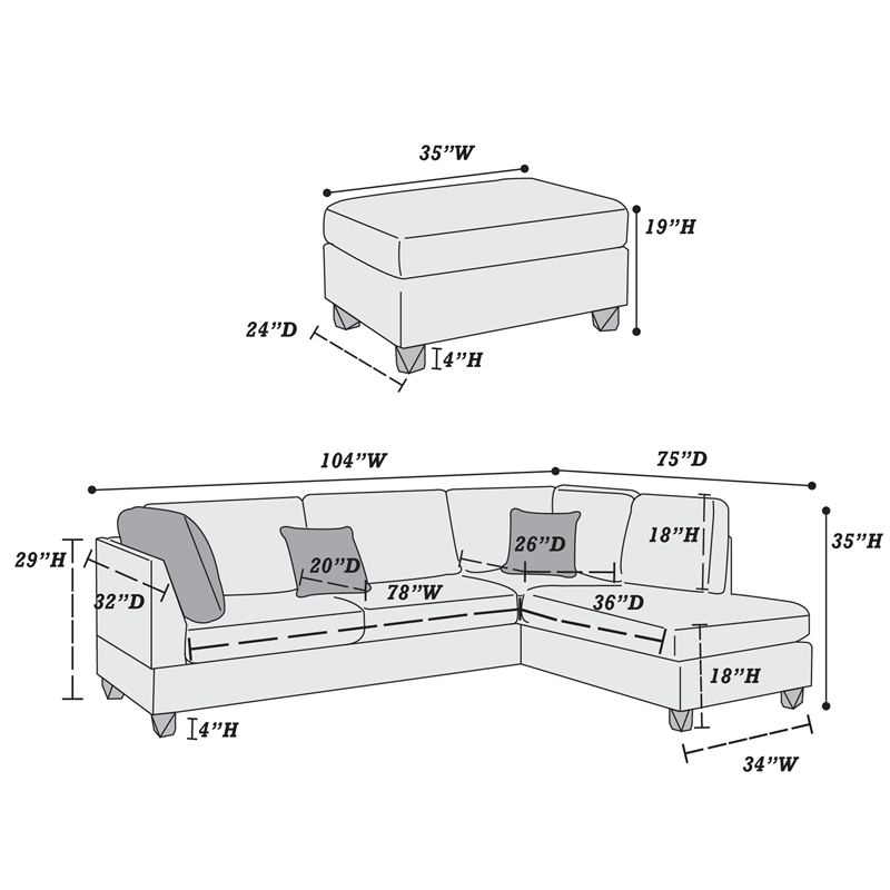 Poundex 3 Piece Fabric Reversible Sectional Sofa Set with Ottoman in Gray