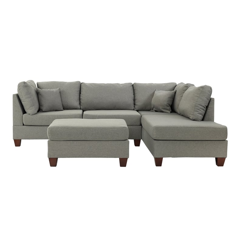 Poundex 3 Piece Fabric Reversible Sectional Sofa Set with Ottoman in Gray