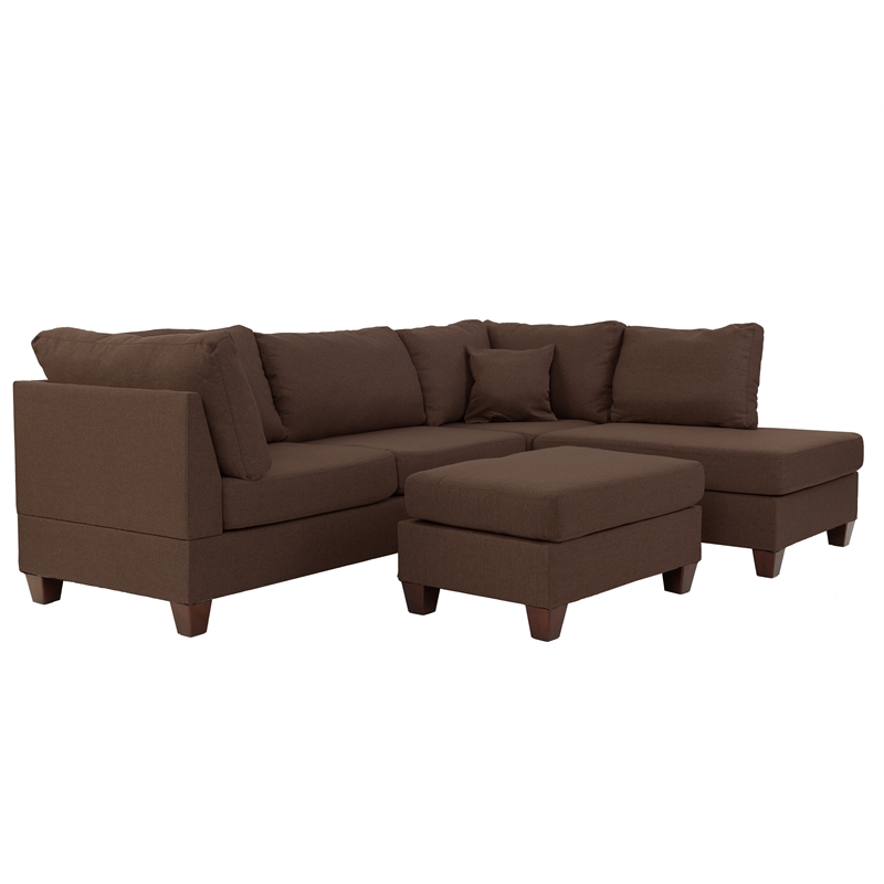 Poundex 3 Piece Fabric Sectional Sofa Set with Ottoman in Chocolate Brown