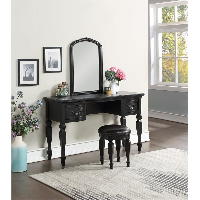 Poundex Furniture Wood Vanity Set with Stool and Mirror in Black