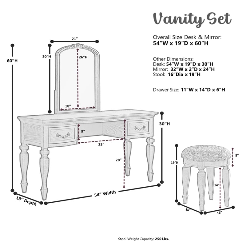 Poundex Furniture Wood Vanity Set with Stool and Mirror in Black