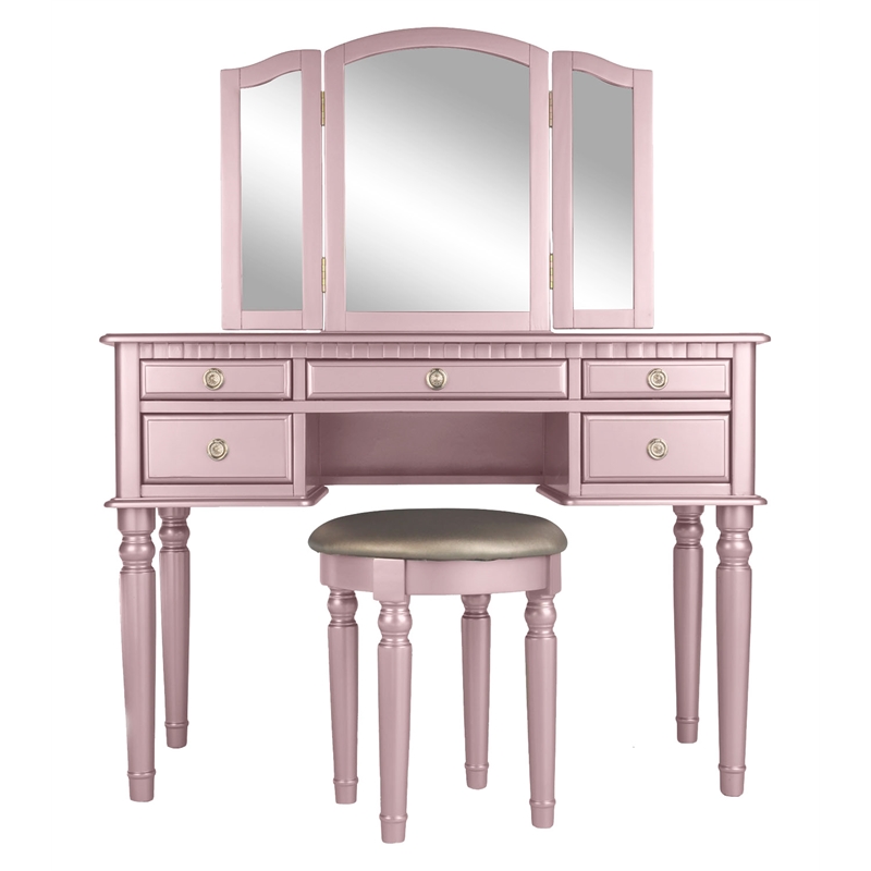 Poundex Furniture Wood Vanity Set with Mirror and Stool in Pink Rose Gold Color