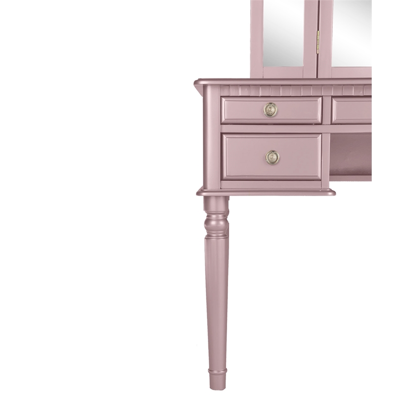 Poundex Furniture Wood Vanity Set with Mirror and Stool in Pink Rose Gold Color