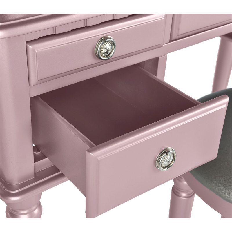 Poundex Furniture Wood Vanity Set with Mirror and Stool in Pink Rose Gold Color